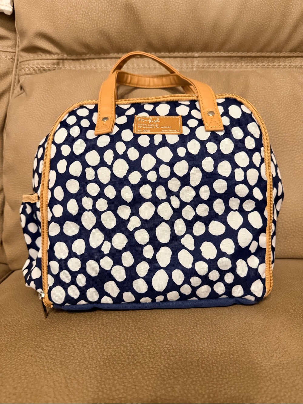 Navy and White Polka Dot Tote with Tan Trim - Fit & Fresh